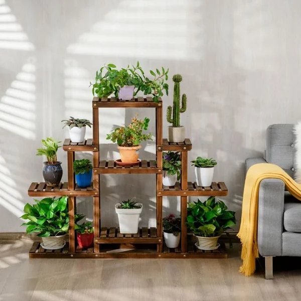 Etagère à 6 Niveaux Meuble Décoratif avec Cadre Stable et Robuste en Bois Massif Naturel 120x25x96 cm Marron