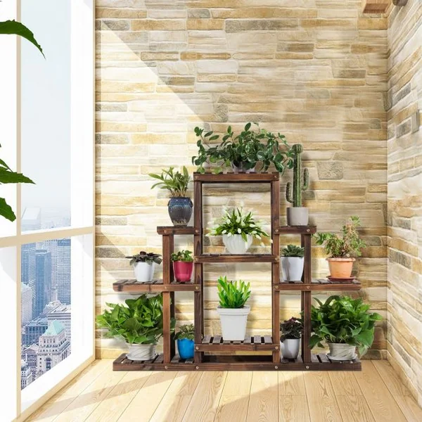 Etagère à 6 Niveaux Meuble Décoratif avec Cadre Stable et Robuste en Bois Massif Naturel 120x25x96 cm Marron