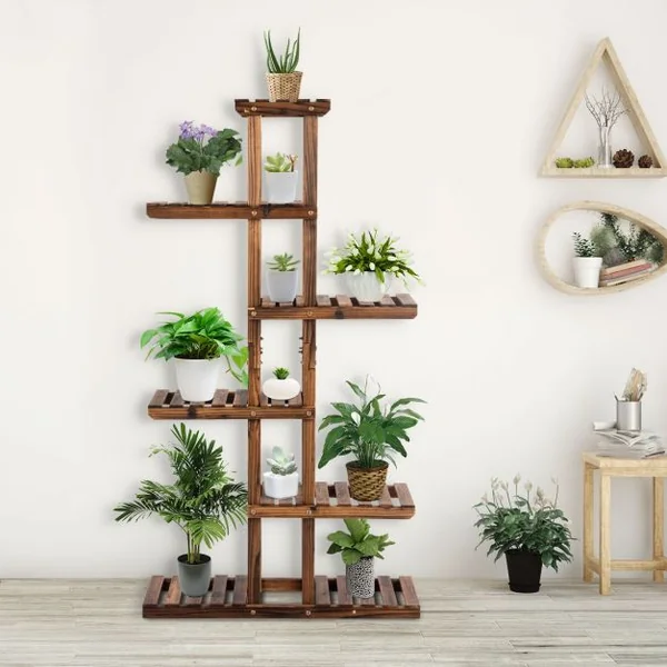 Etagère à Fleurs à 6 Niveaux Support de Plantes Décoration Capacité 10 kg en Bois de Sapin 75x25x140cm Naturel