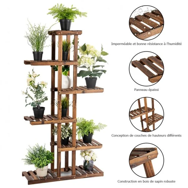 Etagère à Fleurs à 6 Niveaux Support de Plantes Décoration Capacité 10 kg en Bois de Sapin 75x25x140cm Naturel