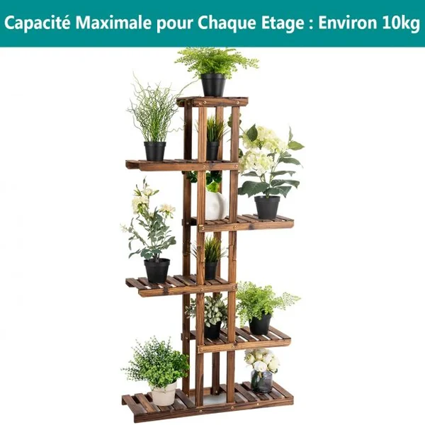 Etagère à Fleurs à 6 Niveaux Support de Plantes Décoration Capacité 10 kg en Bois de Sapin 75x25x140cm Naturel