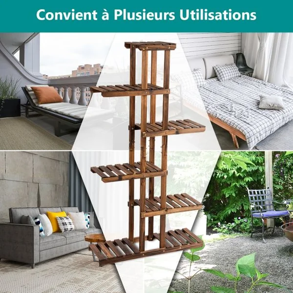 Etagère à Fleurs à 6 Niveaux Support de Plantes Décoration Capacité 10 kg en Bois de Sapin 75x25x140cm Naturel