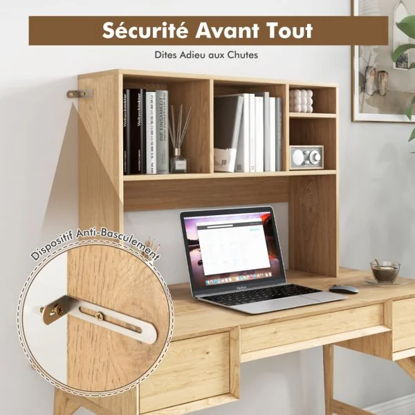Etagère à Poser sur le Bureau Etagère de Rangement de Comptoir avec 4 Compartiments et Compartiment Arrière Ouvert Blanc/Naturel