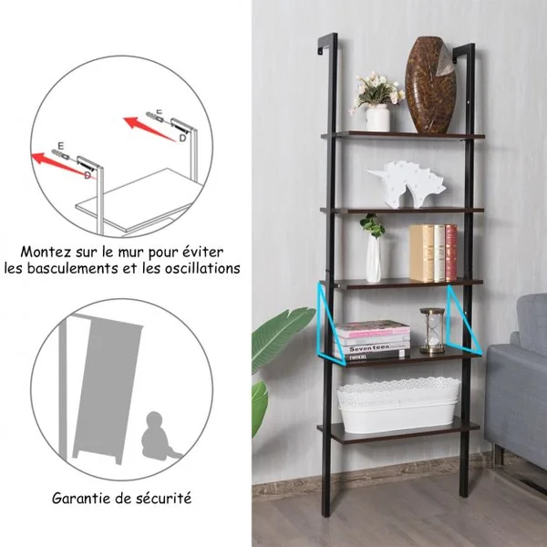 Etagère Échelle à 5 Niveaux Etagère de Rangement Inclinable Capacité Tablette 5 Kg en Mdf et Métal 61x30x183cm Noir
