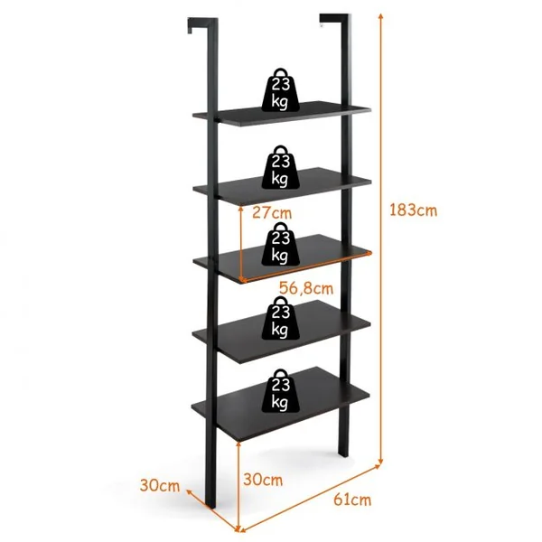 Etagère Échelle à 5 Niveaux Etagère de Rangement Inclinable Capacité Tablette 5 Kg en Mdf et Métal 61x30x183cm Noir