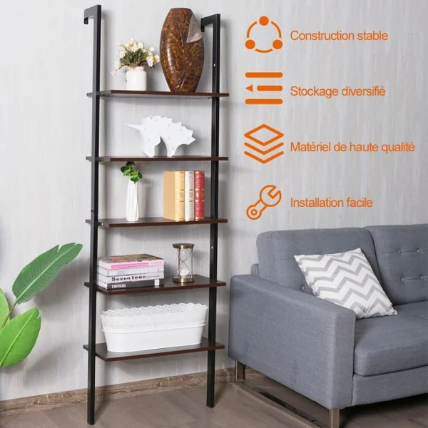 Etagère Échelle à 5 Niveaux Etagère de Rangement Inclinable Capacité Tablette 5 Kg en Mdf et Métal 61x30x183cm Noir