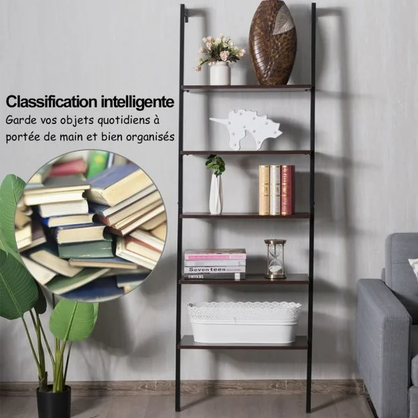 Etagère Échelle à 5 Niveaux Etagère de Rangement Inclinable Capacité Tablette 5 Kg en Mdf et Métal 61x30x183cm Noir