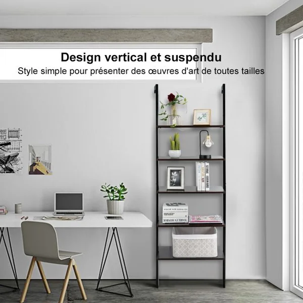 Etagère Échelle à 5 Niveaux Etagère de Rangement Inclinable Capacité Tablette 5 Kg en Mdf et Métal 61x30x183cm Noir