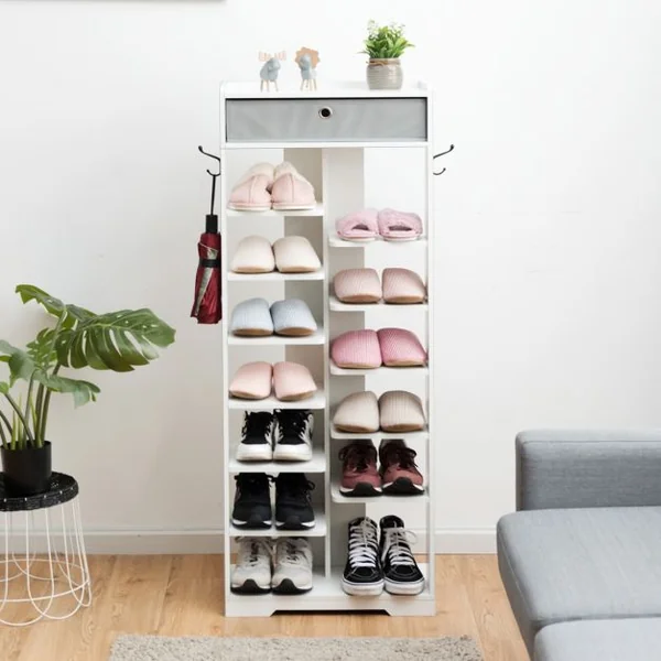 Etagères à Chaussures en Bois avec Tiroir et Crochets Rangement de Multiples Niveaux 50 x 25 x 128cm