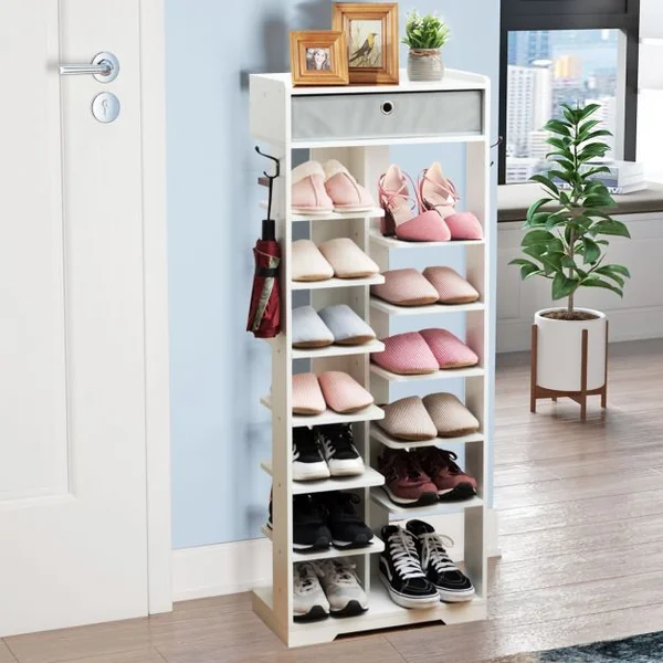 Etagères à Chaussures en Bois avec Tiroir et Crochets Rangement de Multiples Niveaux 50 x 25 x 128cm