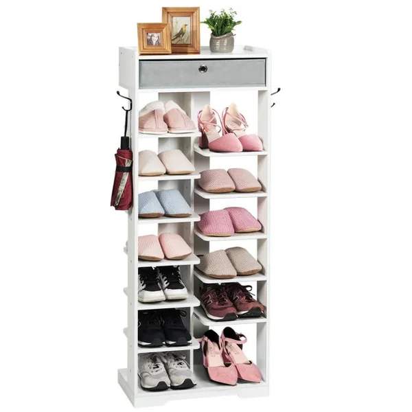 Etagères à Chaussures en Bois avec Tiroir et Crochets Rangement de Multiples Niveaux 50 x 25 x 128cm