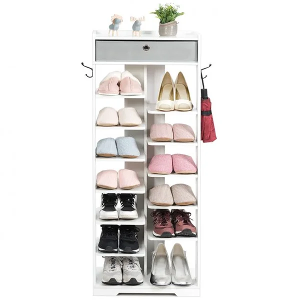 Etagères à Chaussures en Bois avec Tiroir et Crochets Rangement de Multiples Niveaux 50 x 25 x 128cm