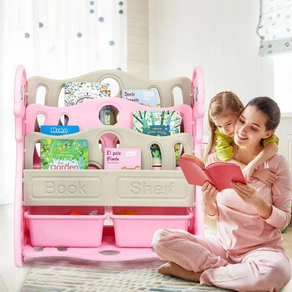 Etagères à Livres Enfants Transformable en 3 ou 4 Etages Forme Dauphin Coins Arrondis Rose