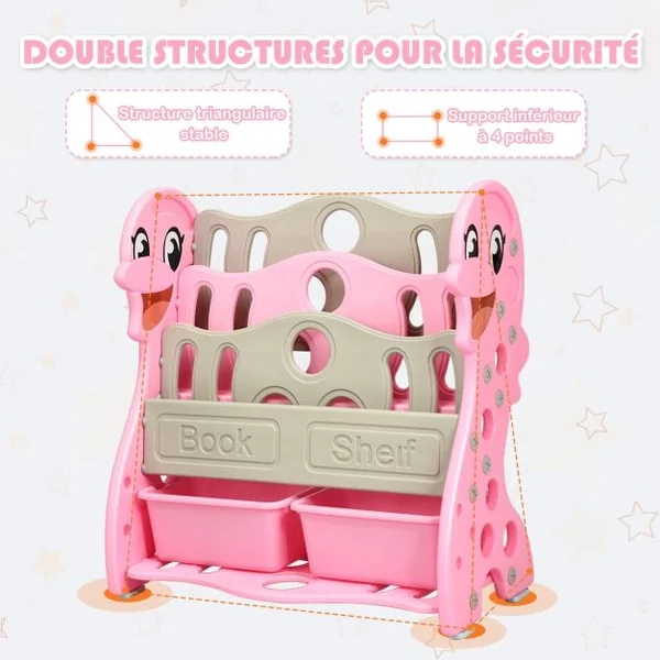 Etagères à Livres Enfants Transformable en 3 ou 4 Etages Forme Dauphin Coins Arrondis Rose