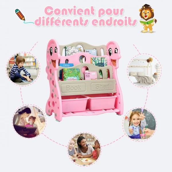 Etagères à Livres Enfants Transformable en 3 ou 4 Etages Forme Dauphin Coins Arrondis Rose