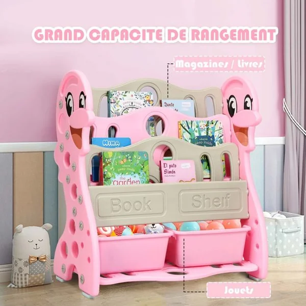 Etagères à Livres Enfants Transformable en 3 ou 4 Etages Forme Dauphin Coins Arrondis Rose