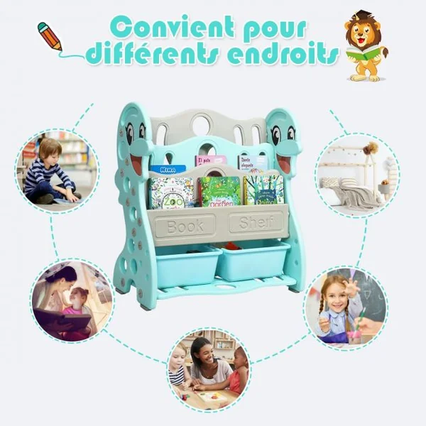 Etagères à Livres Enfants Transformable en 3 ou 4 Etages Forme Dauphin Coins Arrondis Vert
