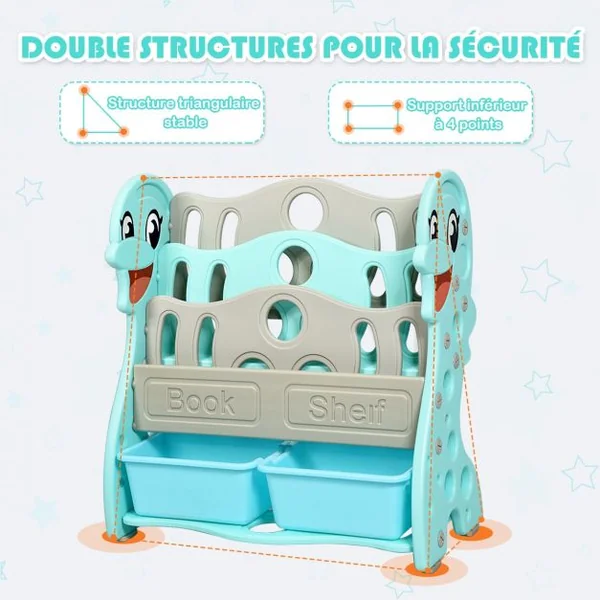 Etagères à Livres Enfants Transformable en 3 ou 4 Etages Forme Dauphin Coins Arrondis Vert