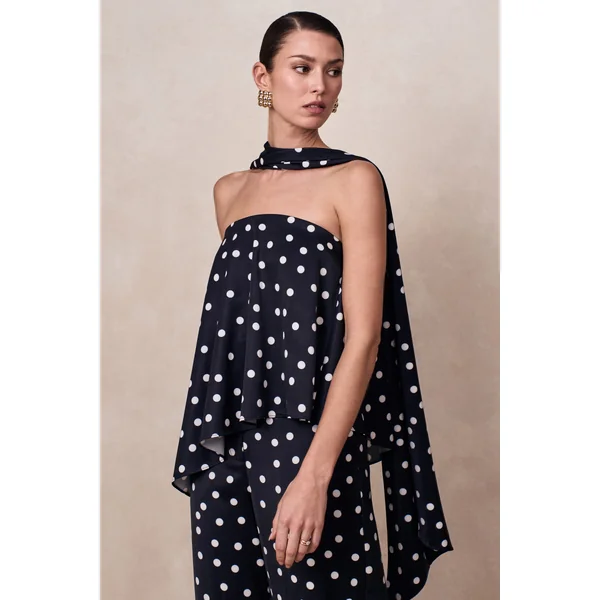 Evandra | Haut bandeau en satin à pois noirs et blancs avec écharpe