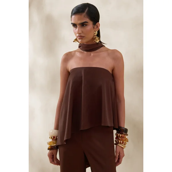 Evandra | Top bandeau en satin marron avec foulard