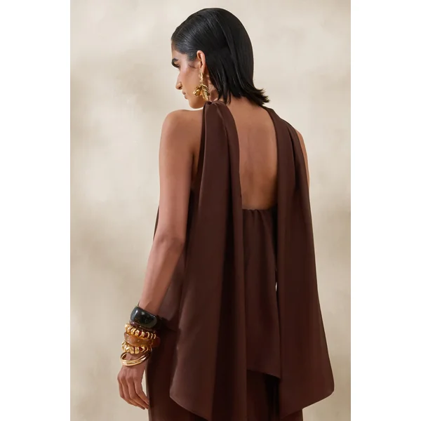 Evandra | Top bandeau en satin marron avec foulard