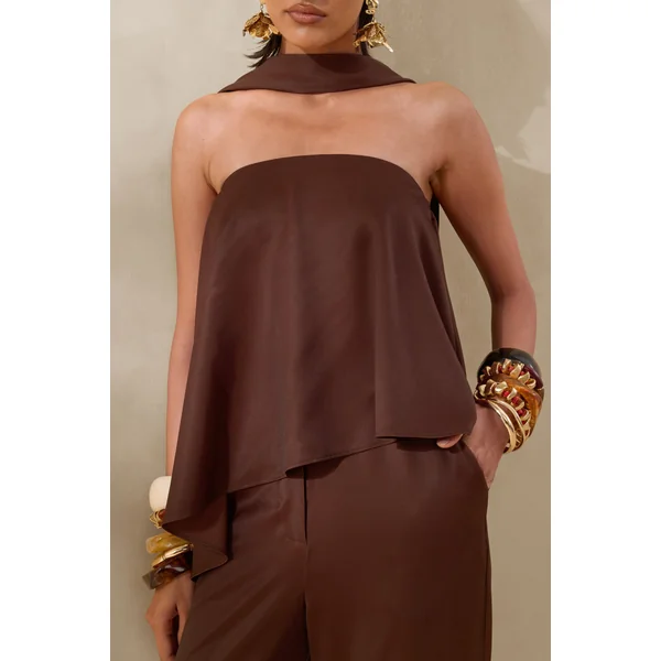 Evandra | Top bandeau en satin marron avec foulard