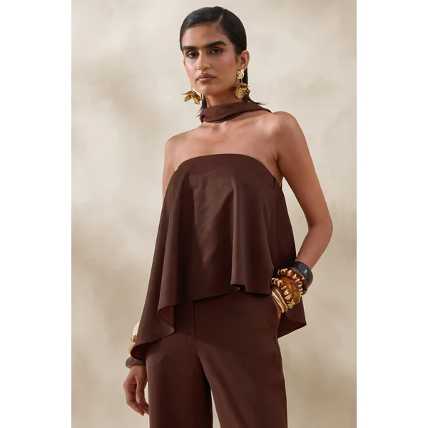 Evandra | Top bandeau en satin marron avec foulard