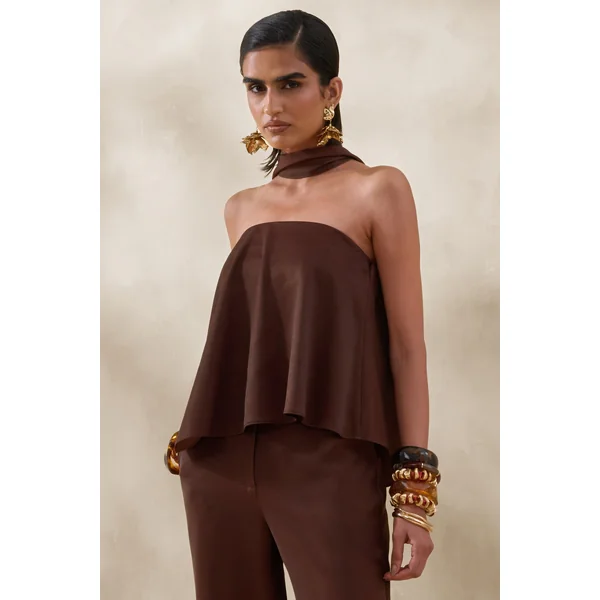 Evandra | Top bandeau en satin marron avec foulard