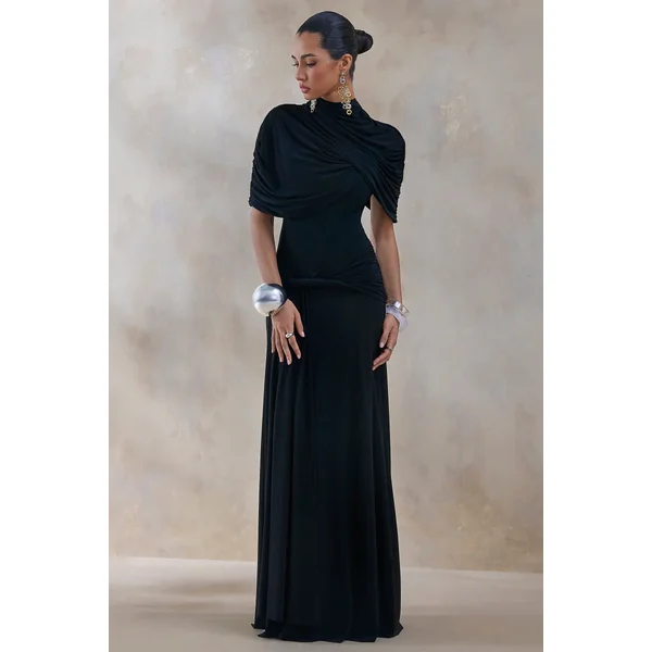 Evelisse | Robe longue noire à col montant avec manches cape courtes