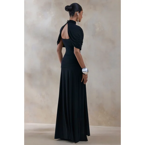 Evelisse | Robe longue noire à col montant avec manches cape courtes