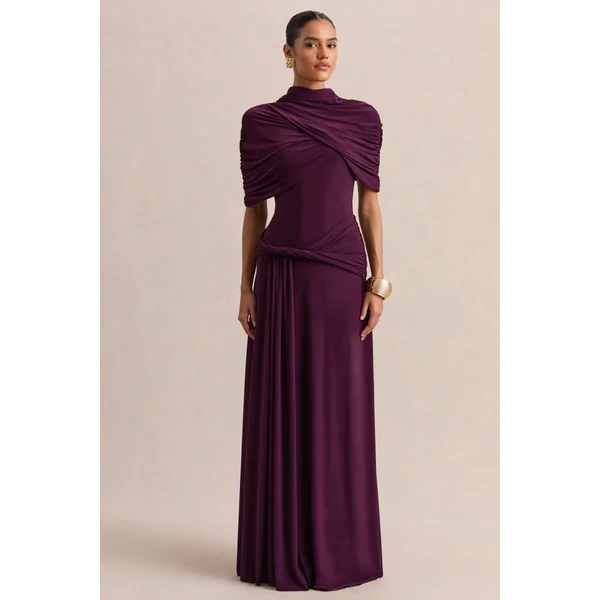 Evelisse | Robe longue prune à encolure haute avec manches cape courtes