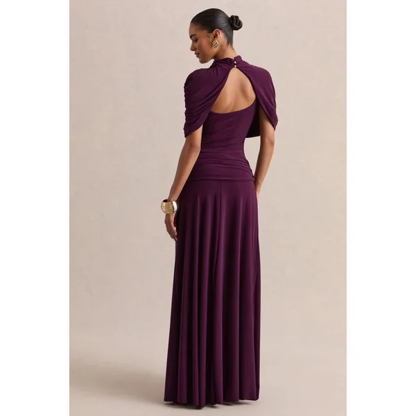 Evelisse | Robe longue prune à encolure haute avec manches cape courtes