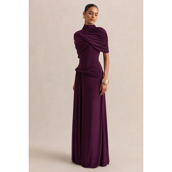 Evelisse | Robe longue prune à encolure haute avec manches cape courtes