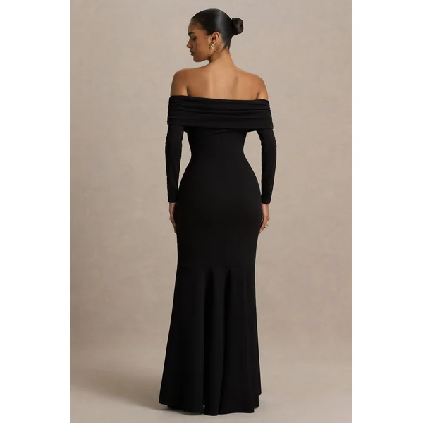 Everlasting | Robe longue noire à encolure bardot avec taille basse