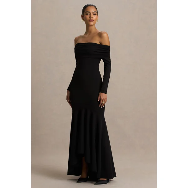 Everlasting | Robe longue noire à encolure bardot avec taille basse