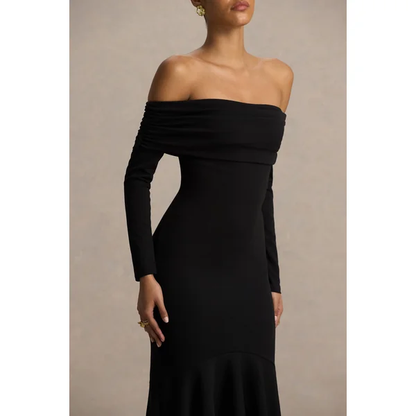 Everlasting | Robe longue noire à encolure bardot avec taille basse