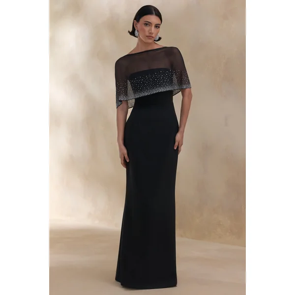 Everly | Robe longue noire à cape ornée à la main