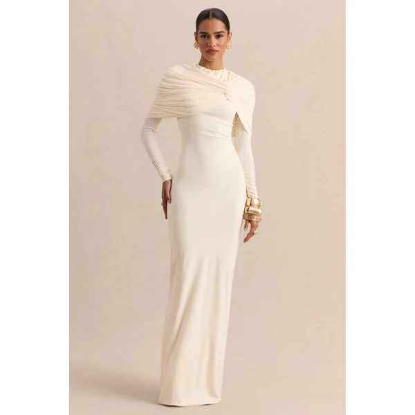 Evessa | Robe longue crème avec encolure ronde et détails froncés