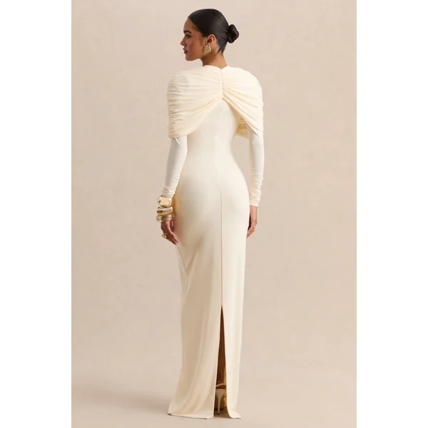 Evessa | Robe longue crème avec encolure ronde et détails froncés