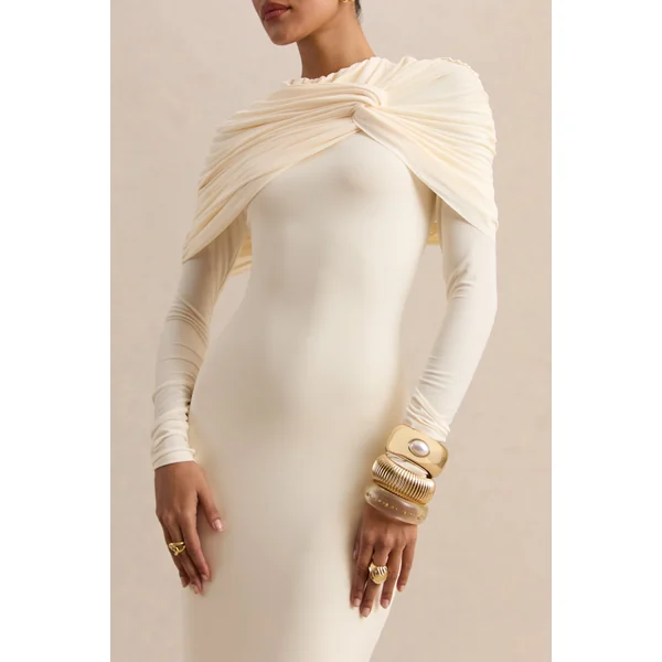 Evessa | Robe longue crème avec encolure ronde et détails froncés