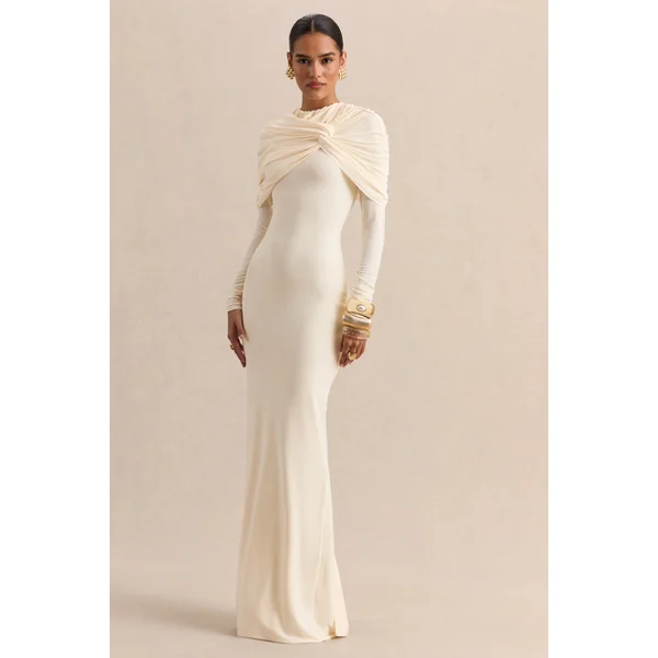 Evessa | Robe longue crème avec encolure ronde et détails froncés