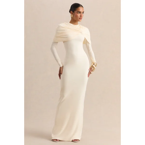 Evessa | Robe longue crème avec encolure ronde et détails froncés