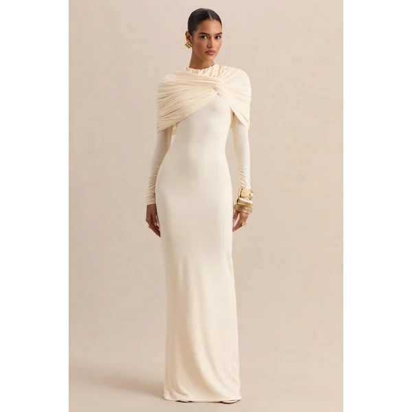 Evessa | Robe longue crème avec encolure ronde et détails froncés