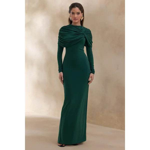 Evessa | Robe longue vert foncé à encolure haute et détails froncés