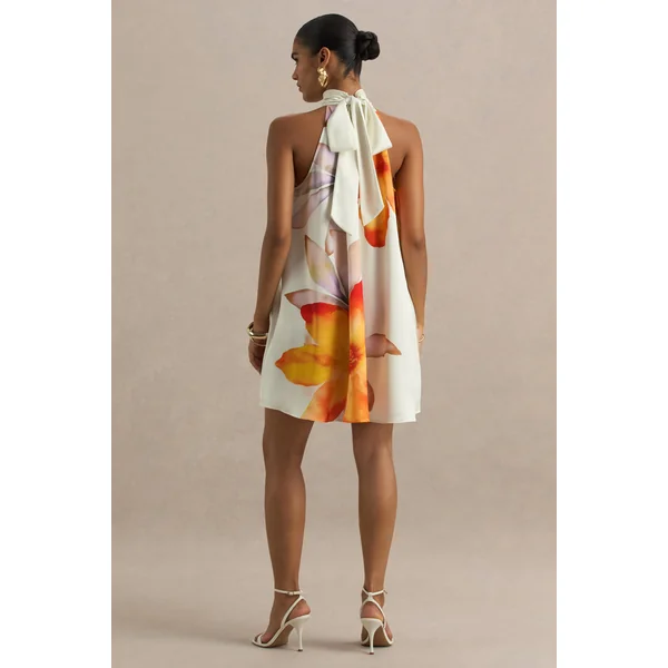 Evita | Mini-robe en satin orange floral à col montant