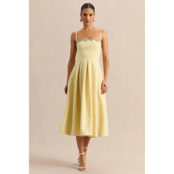 Evoria | Robe mi-longue citron à encolure carrée festonnée