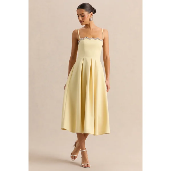Evoria | Robe mi-longue citron à encolure carrée festonnée