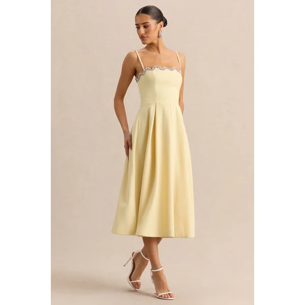 Evoria | Robe mi-longue citron à encolure carrée festonnée