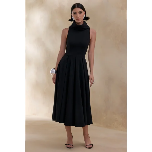 Exclusivity | Robe mi-longue noire à encolure haute