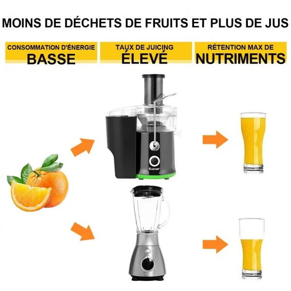 Extracteur de jus de fruits et légumes 600W en Acier inoxydable Centrifugeuse pour fruits et légumes, 25x16x33cm, Noir